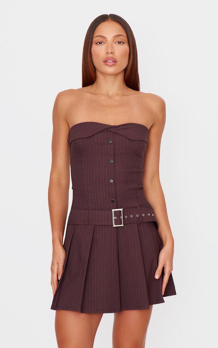 Chocolate Pinstripe Tailored Bandeau Belt Pleated Shift Dress Product Image