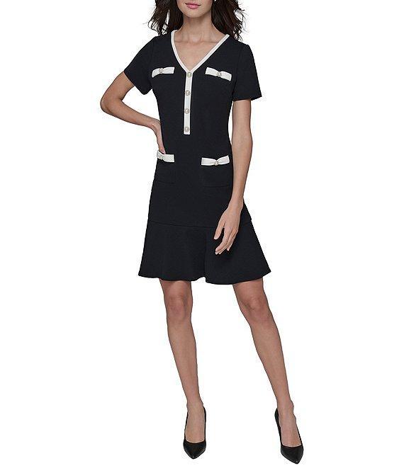 KARL LAGERFELD PARIS Short Sleeve Bow Detail Stretch Scuba Crepe Aline Dress Product Image