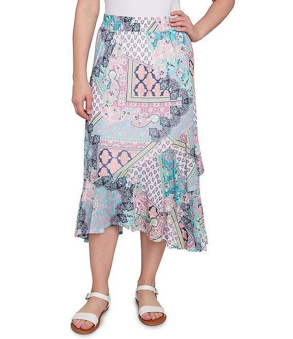 Ruby Rd. Lightweight Mesh Paisley Patchwork Asymmetric Ruffle Hem Pull-On Midi Flowy Skirt Product Image