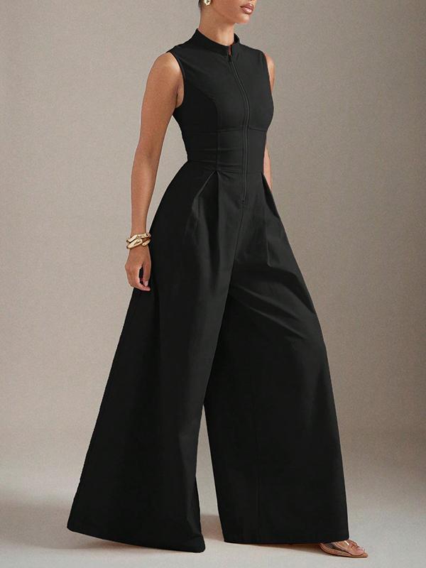 Sleeveless Wide Leg Pleated Solid Color Split-Joint Zipper Round-Neck Jumpsuits Product Image