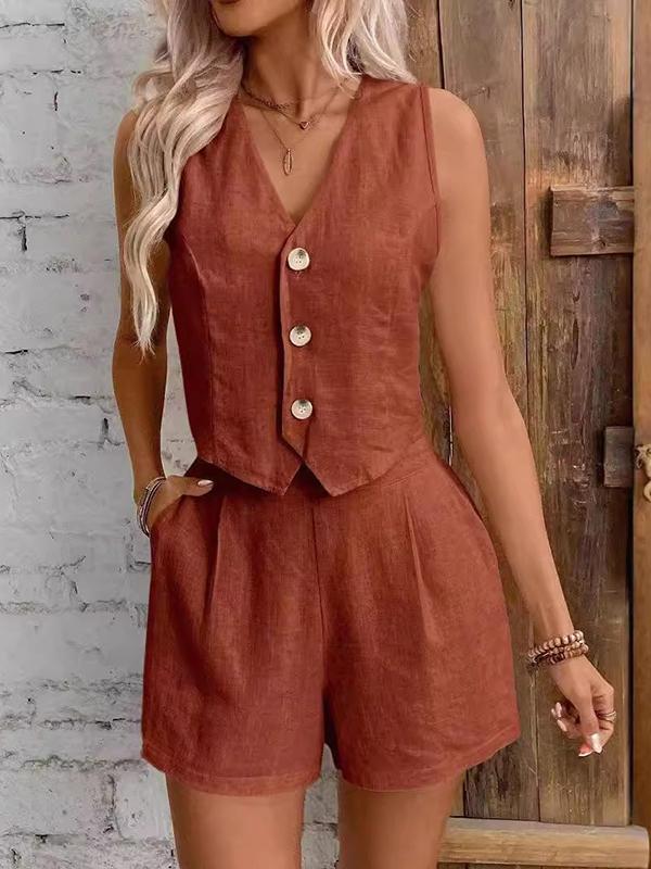 Sleeveless Split-Joint V-Neck Vest + High Waisted Pleated Shorts Two Pieces Set Product Image