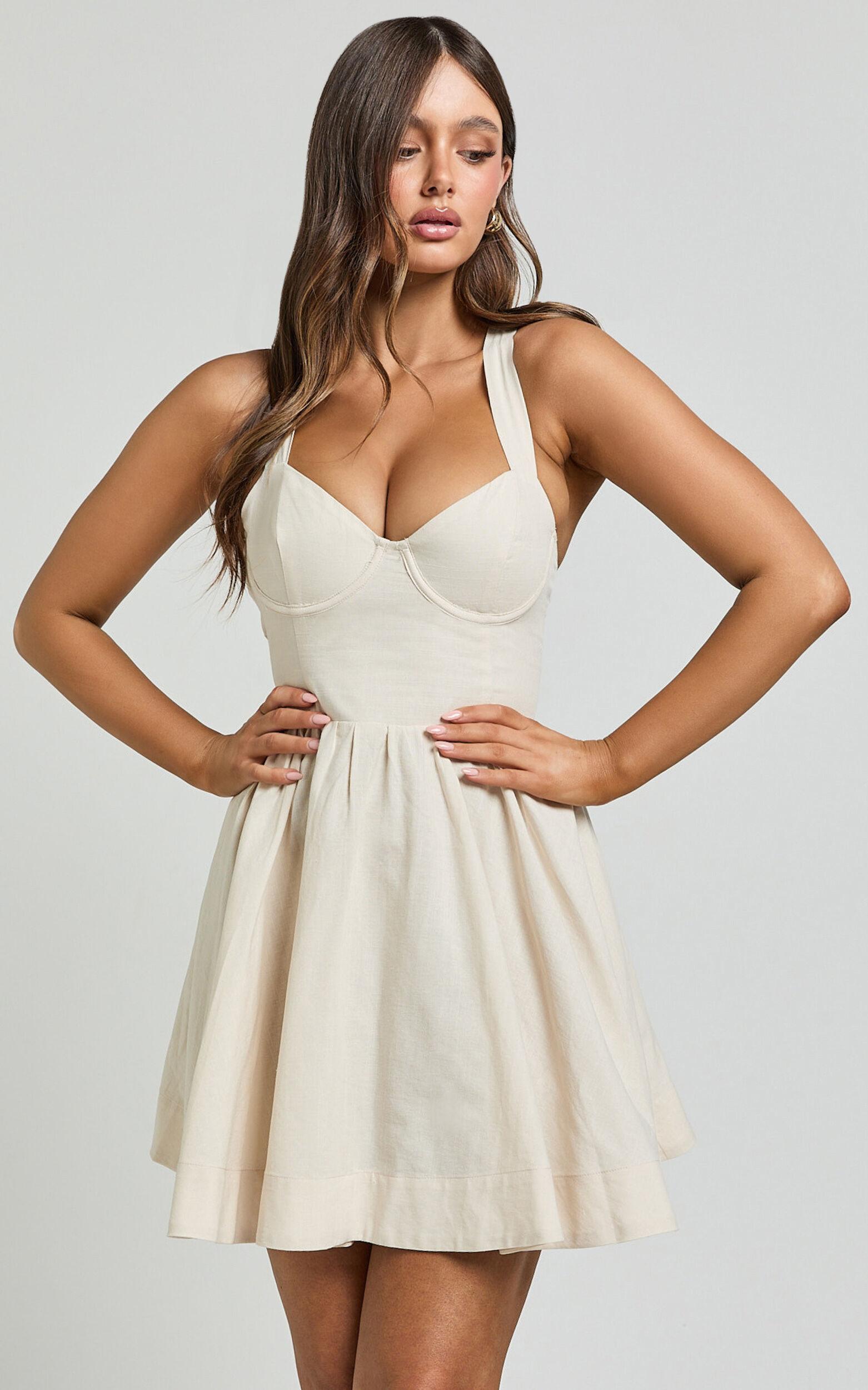 Cathryn Mini Dress - Cross Back Bustier Linen Look Blend Dress in Stone Product Image