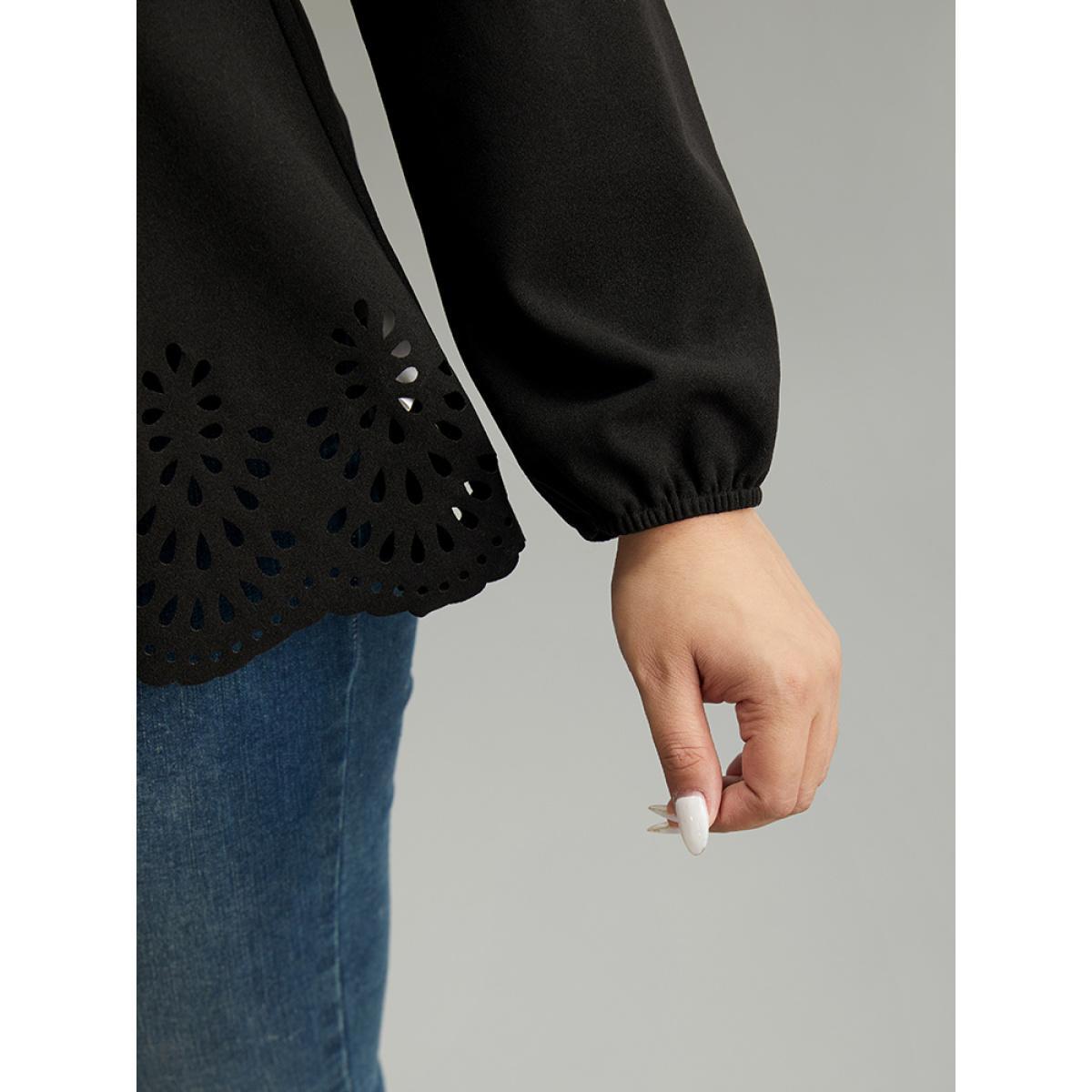 Plus Size Black Plain Laser Cut Button Detail Blouse Women Elegant Long Sleeve Square Neck Dailywear Blouses BloomChic 30/6X Product Image