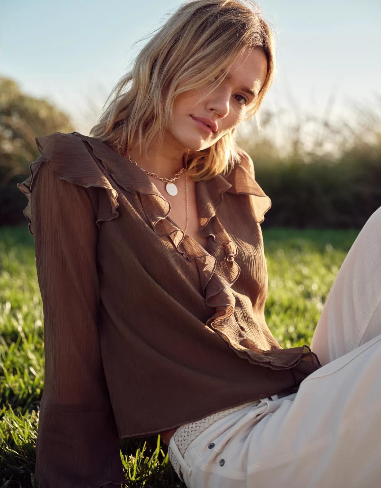 AE Chiffon Bell Sleeve Ruffle Blouse Product Image