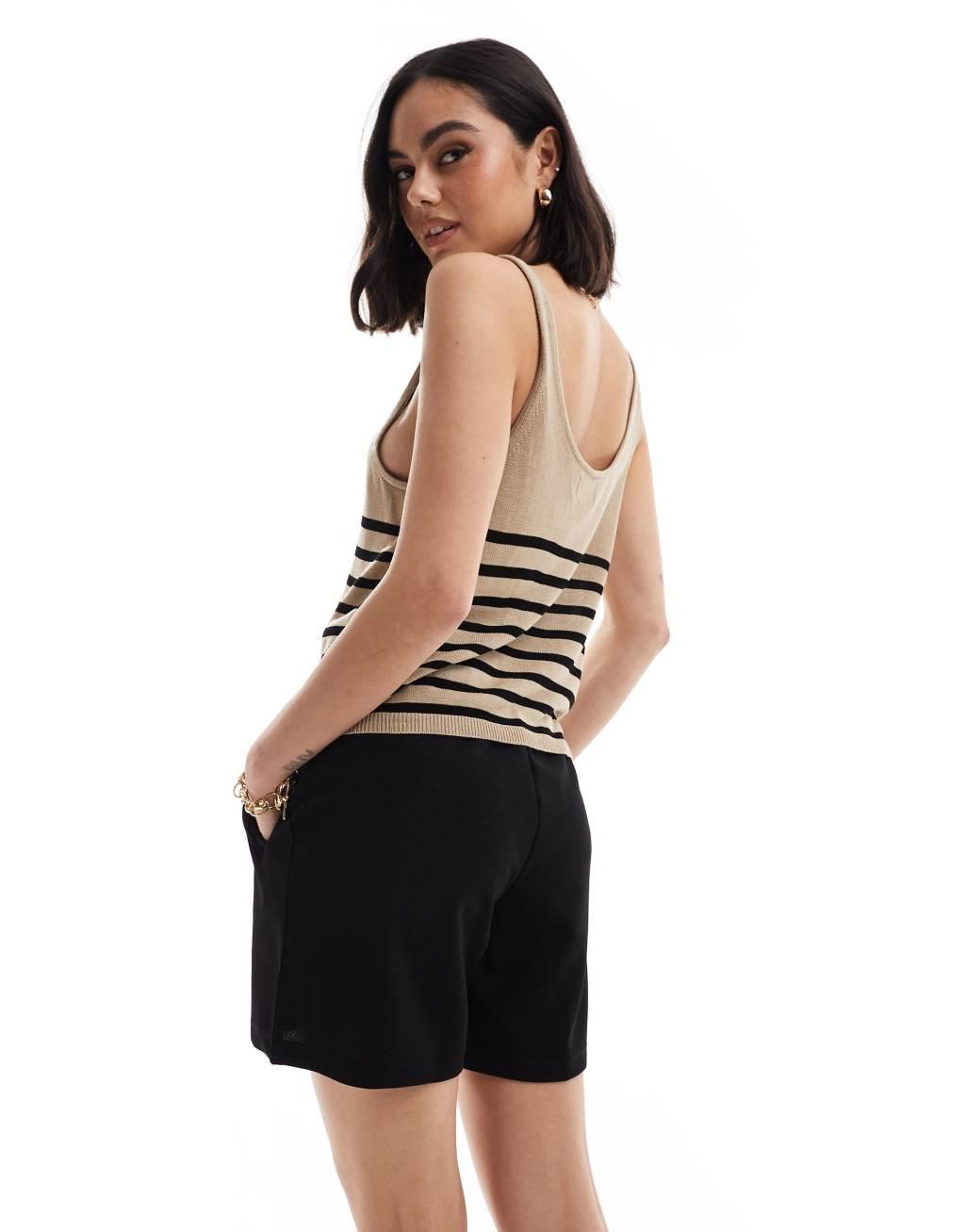 ONLY cropped knit top in beige & black stripe  Product Image