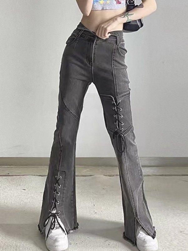 Lace Up Patchwork Slit Flare Jeans Product Image