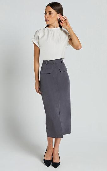 Brylee Midi Skirt - High Waisted Front Split Skirt in Charcoal Product Image