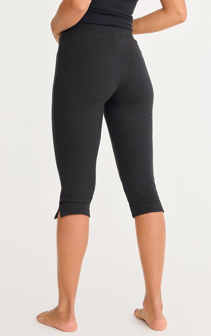 Black Ribbed Elasticated Waist Capri Leggings Product Image