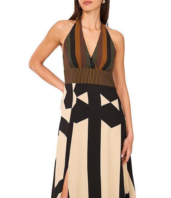 Vince Camuto Woven Abstract Print V-Neck Sleeveless Printed Midi Dress Product Image
