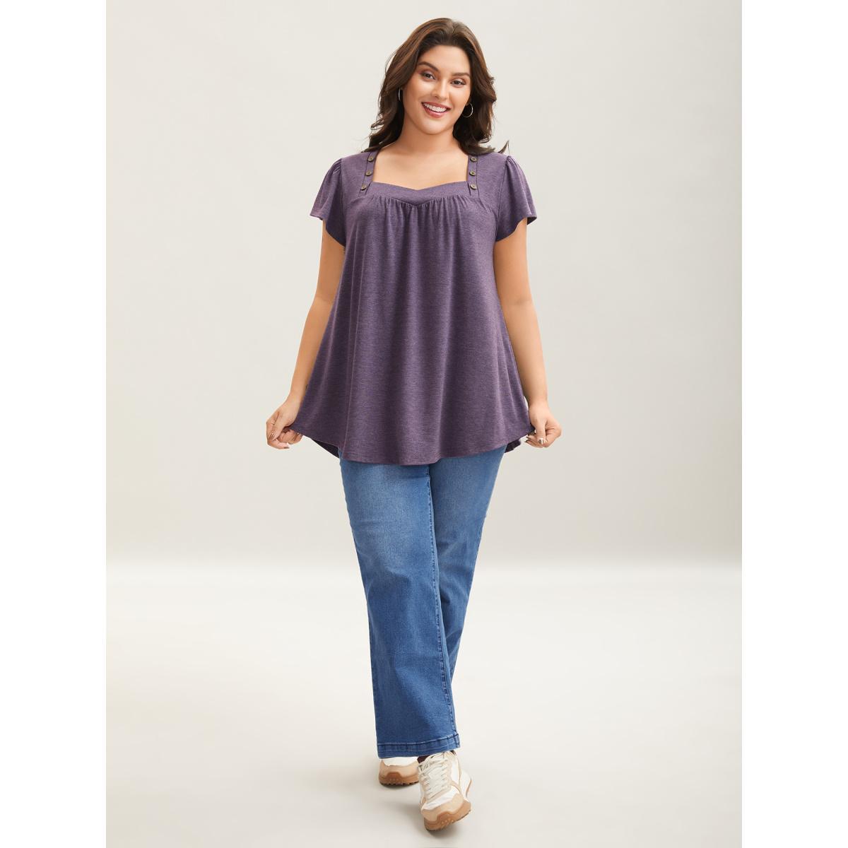 Plus Size Pleated Shoulder Button Plain Relaxed T-Shirt Mauve Women Leisure Gathered Heart neckline Loose Casual T-shirts BloomChic 10/M Product Image