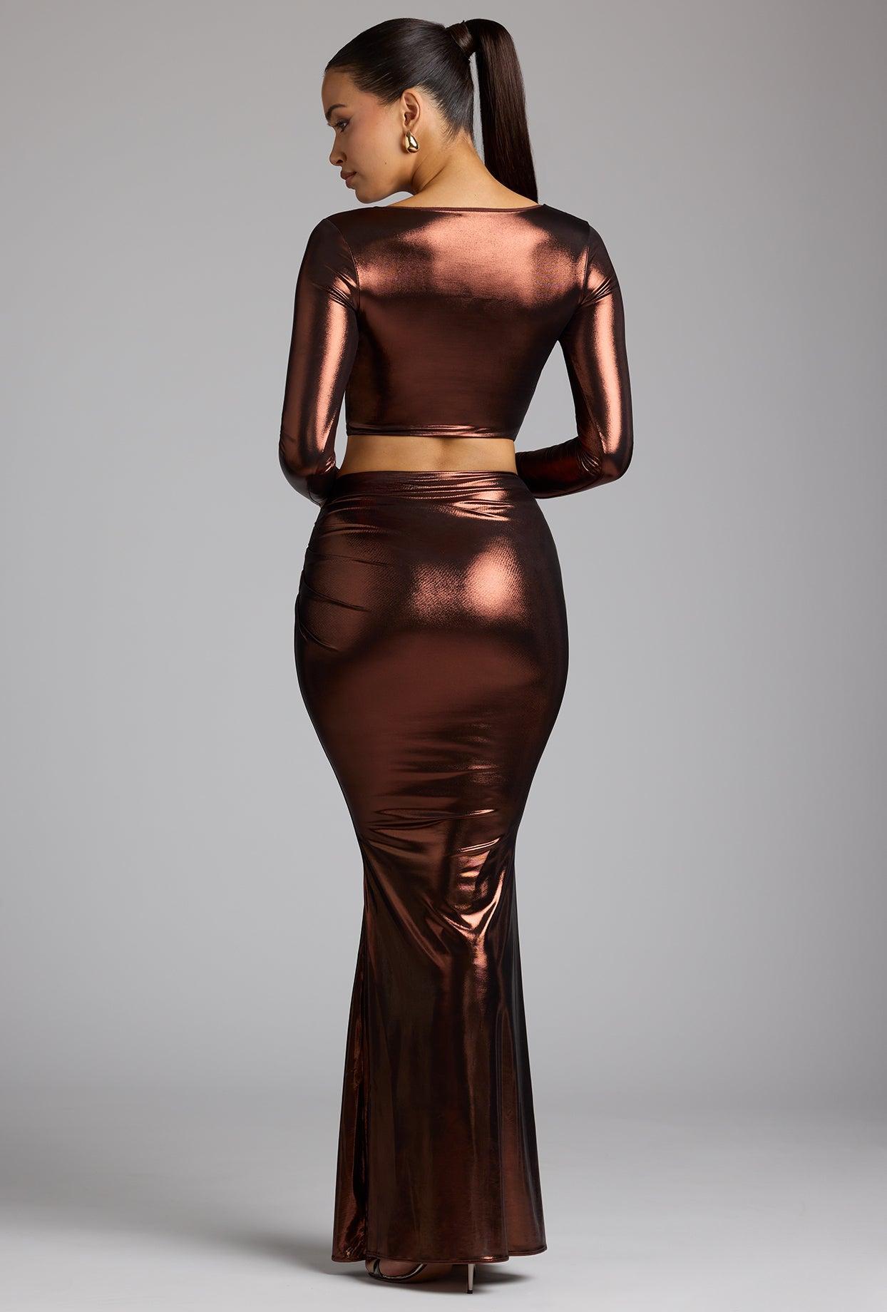 Mid Rise Metallic Jersey Gown Skirt in Copper Bronze Product Image