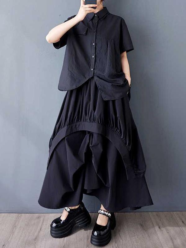 A-Line Loose Asymmetric Elasticity Pleated Pockets Solid Color Skirts Bottoms Product Image
