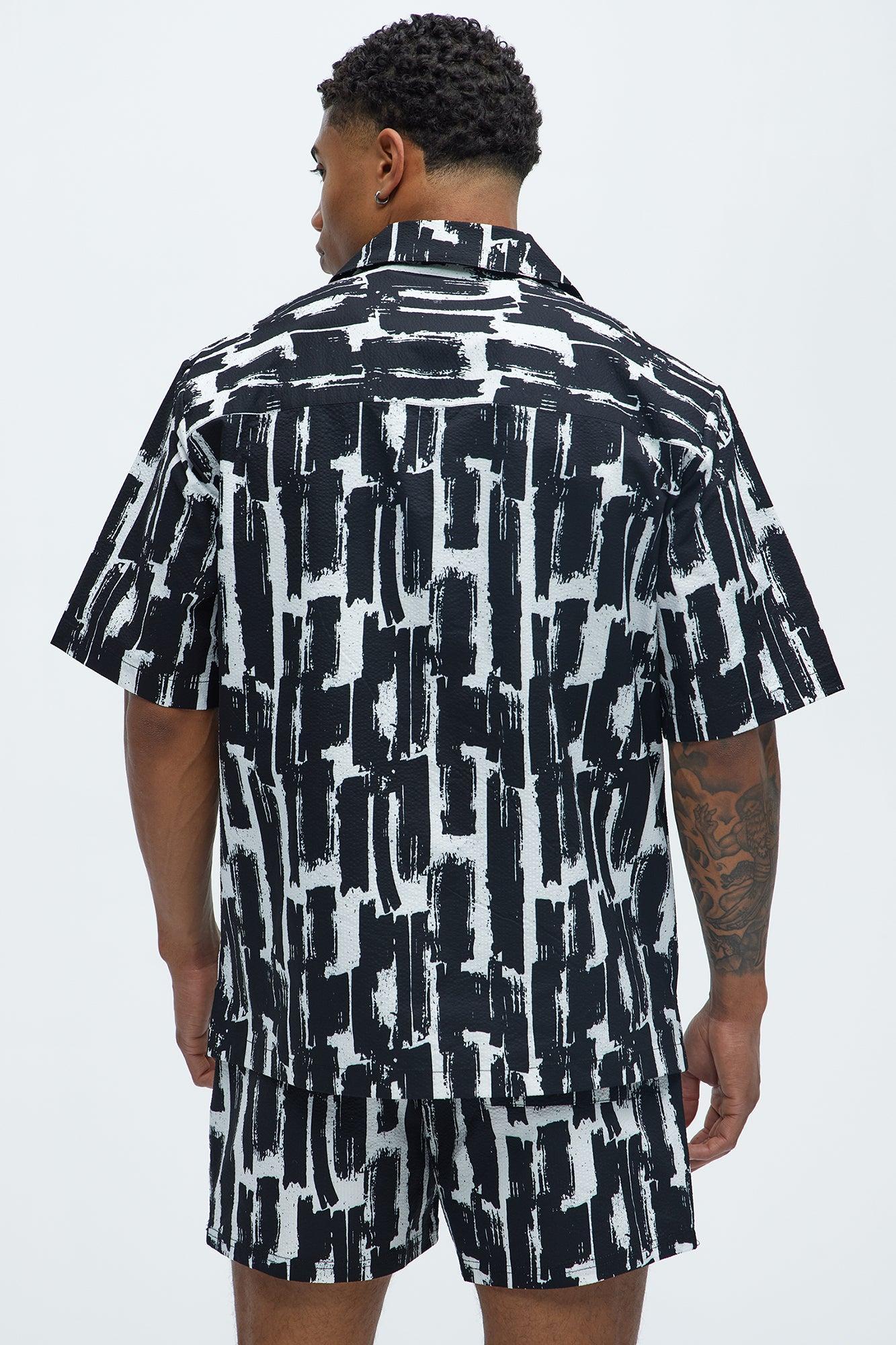 Seersucker Printed Short Sleeve Cuban Collar Shirt - Black/combo Product Image