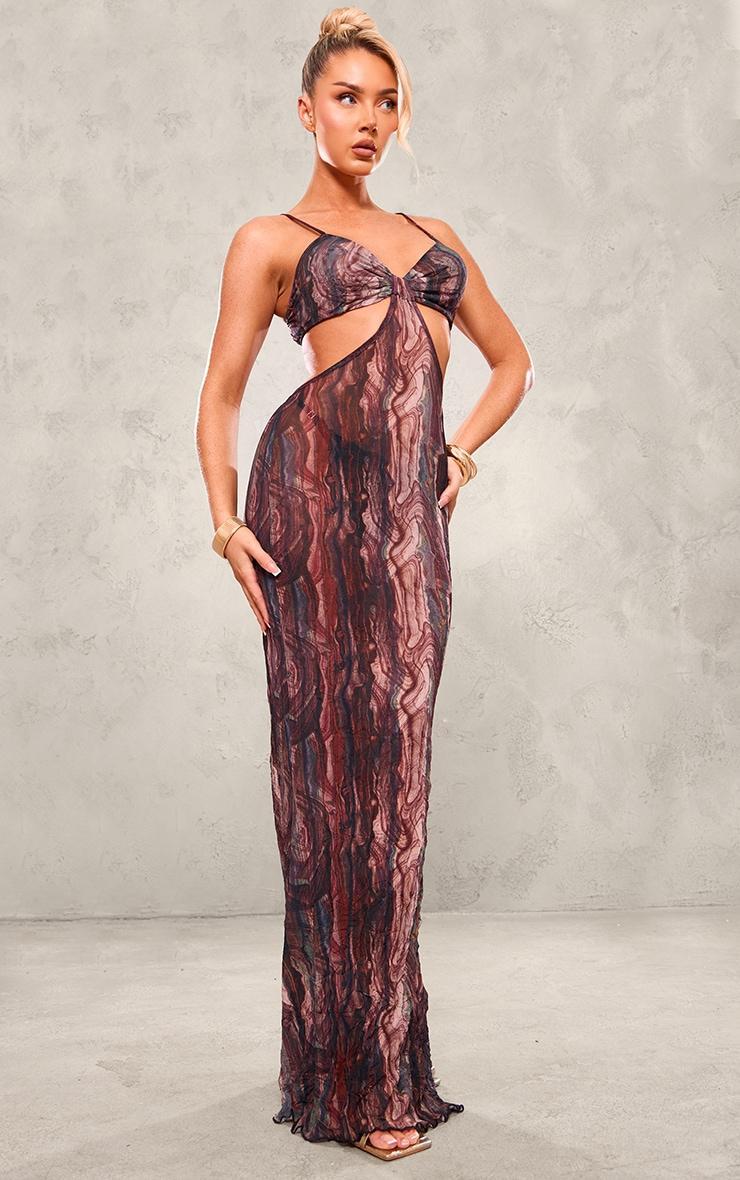 Multi Abstract Print Crinkle Mesh Cut Out Maxi Dress Product Image