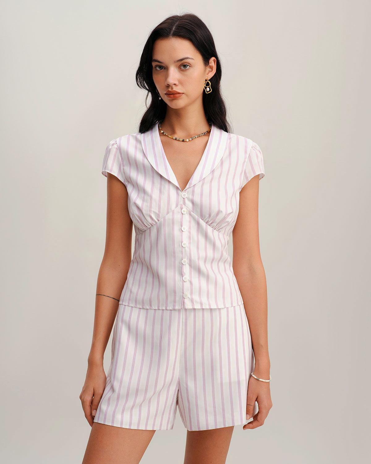 Pink Striped Cap Sleeve Button Blouse Product Image