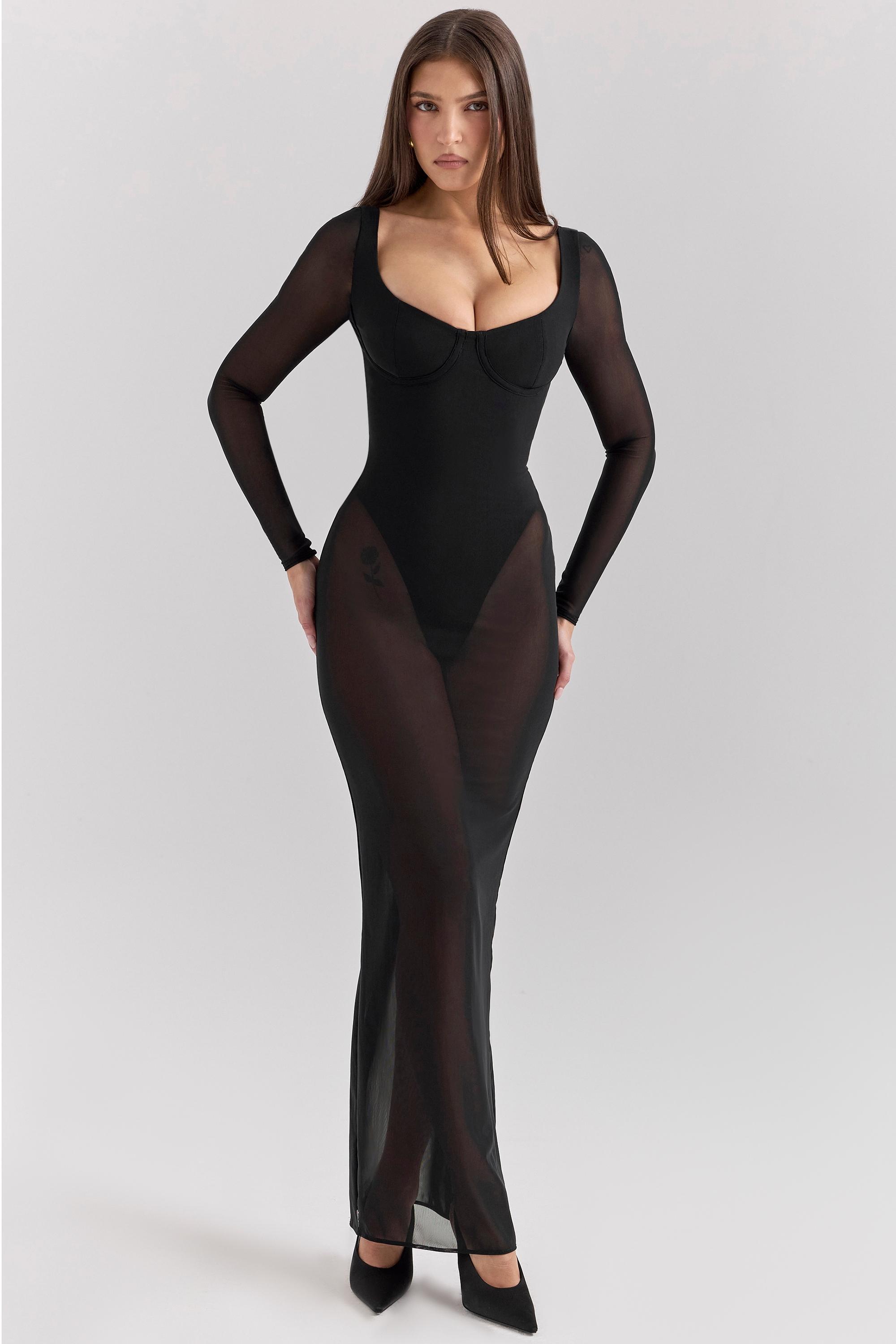 Everly Black Mesh Maxi Dress with Bodysuit Product Image