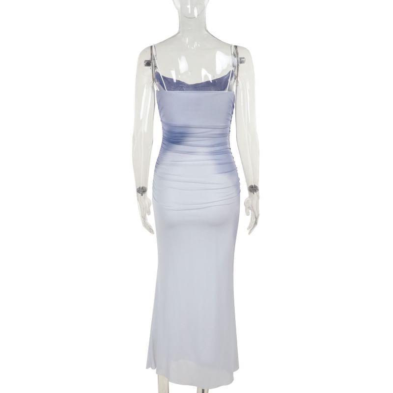 Spaghetti Strap Tie Dye Mesh Maxi Sheath Dress Product Image