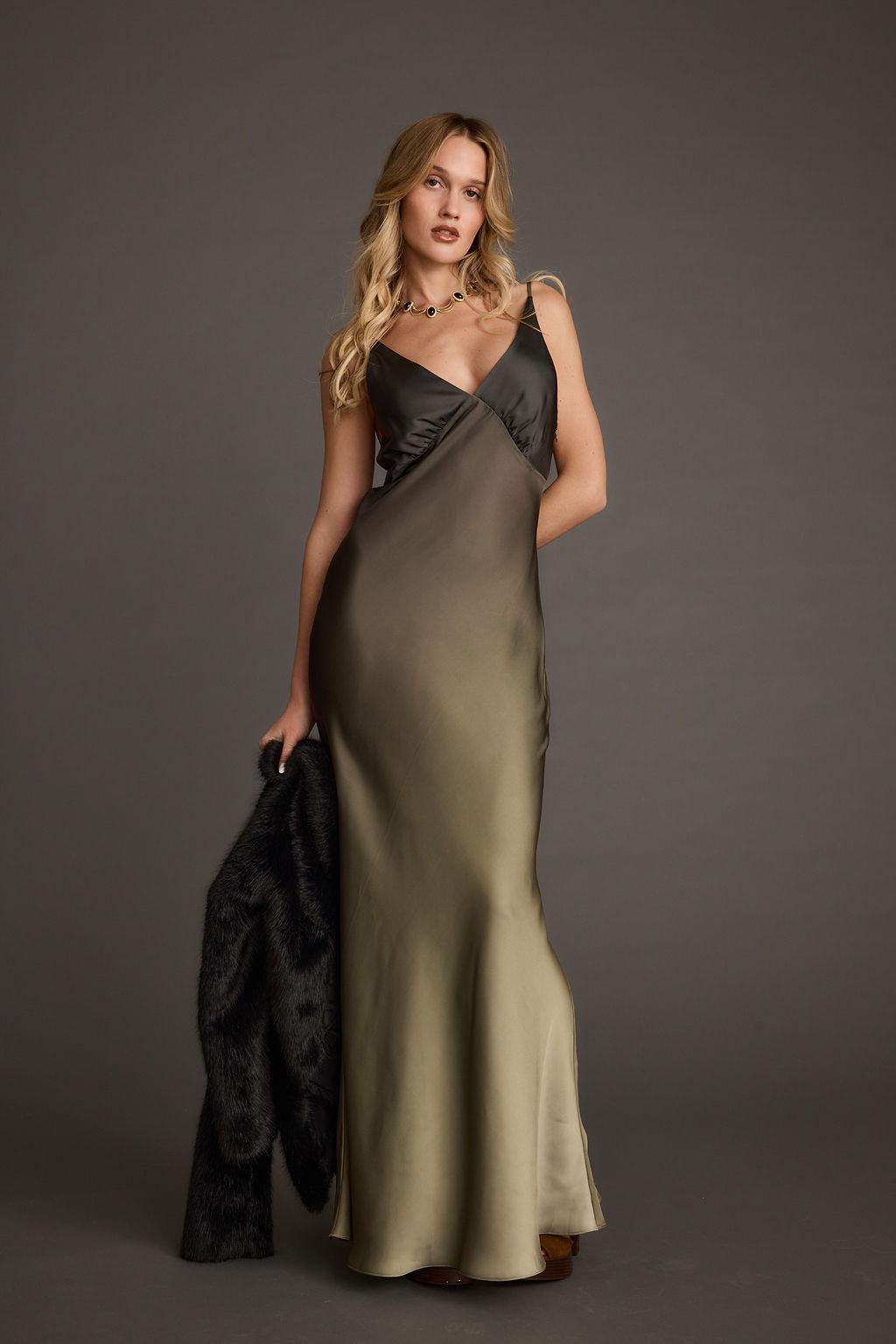 Mirabella Olive Satin Ombre Maxi Dress Product Image