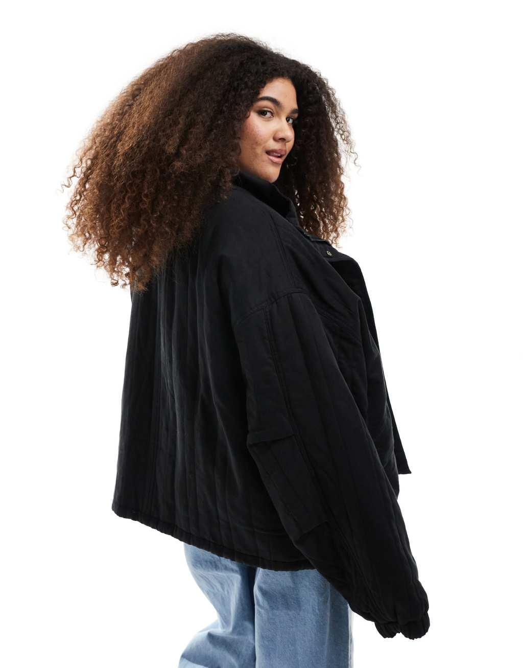 ASOS DESIGN Curve funnel neck quilted jacket in black Product Image