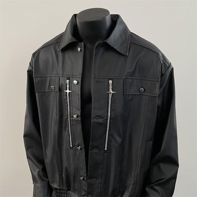 Plain Faux Leather Single-Breasted Jacket Product Image