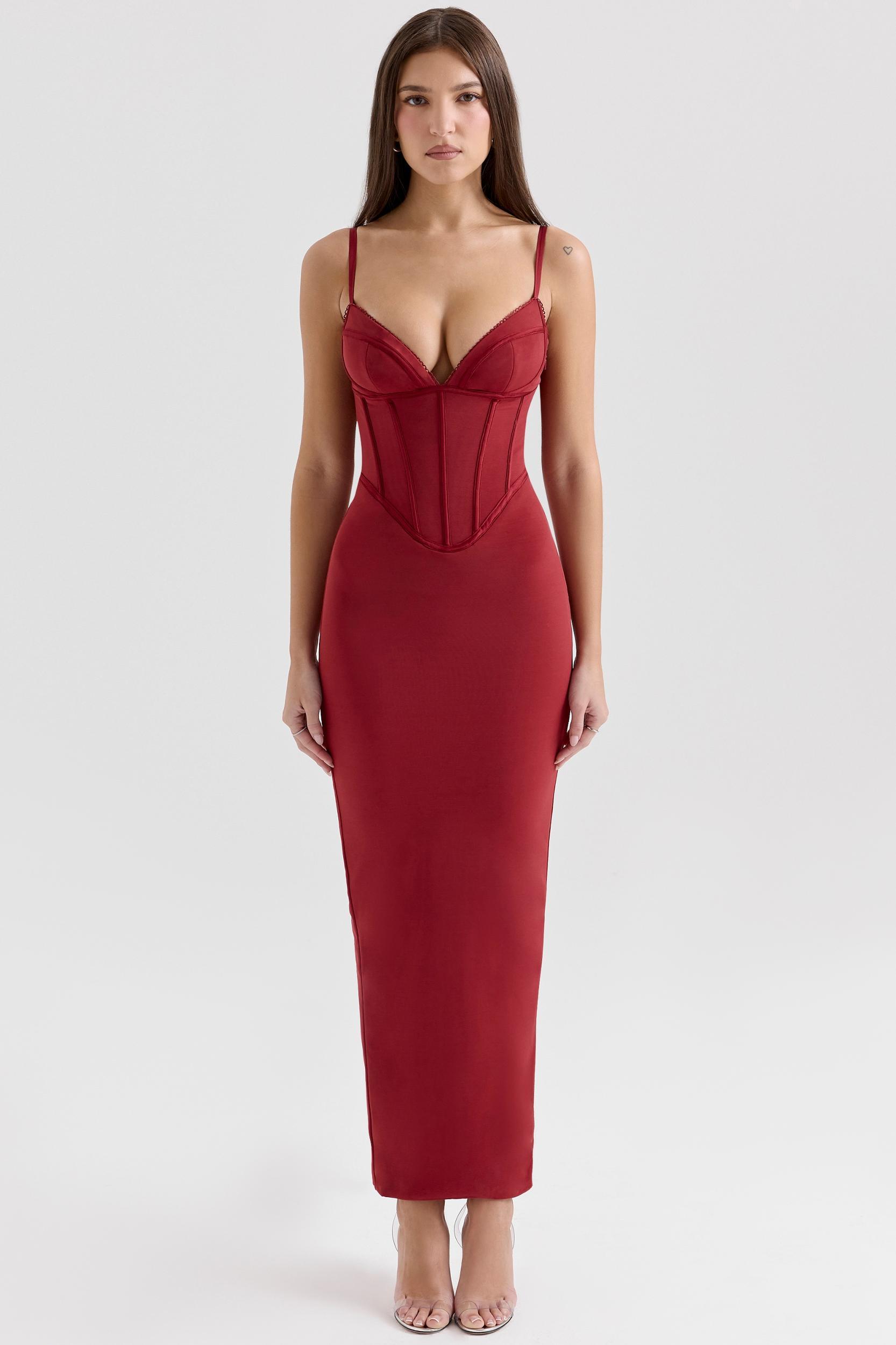 Romy  wine mesh bodycon maxi dress Product Image