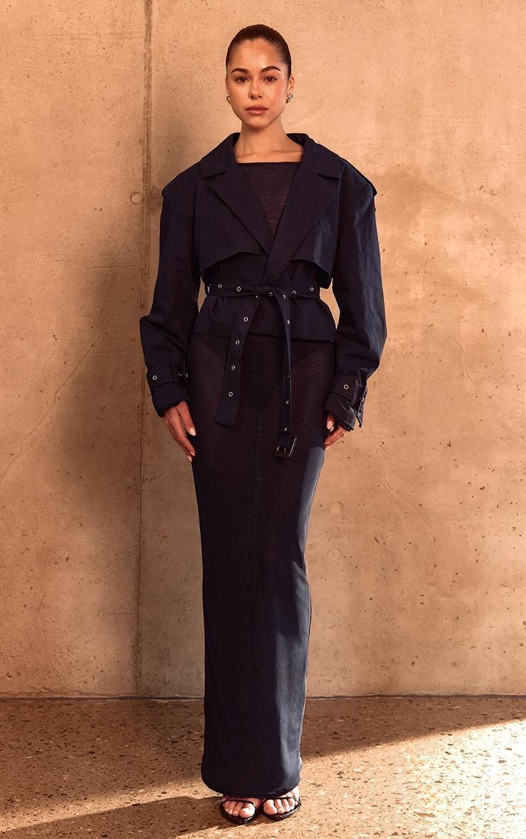 PLT Label Navy Double Layer Mesh Ruched Sleeve Detail Maxi Dress Product Image