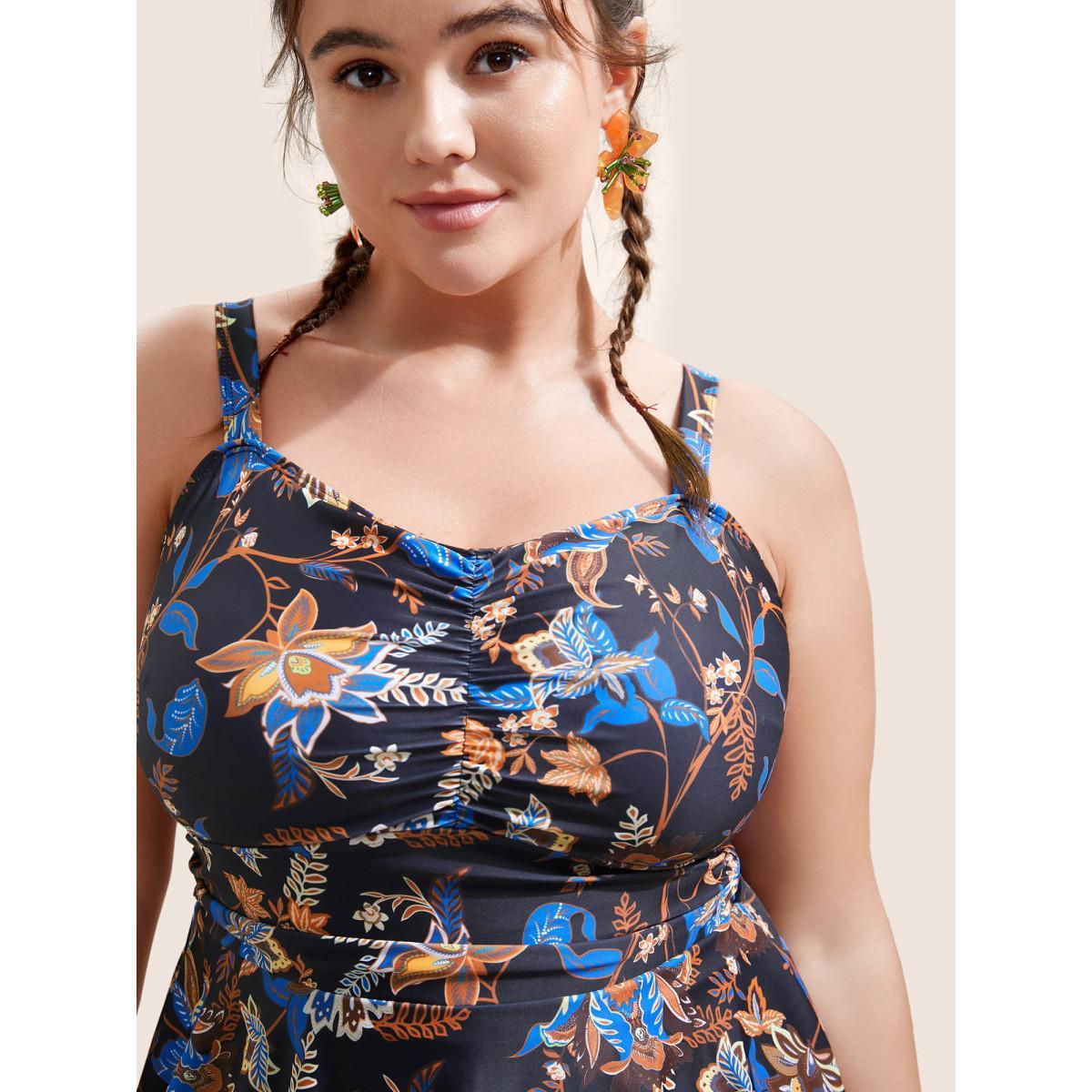 Plus Size Bandana Print Ruched Detail Adjustable Straps Swim Dress Women's Swimwear Black Beach Bodycon Heart neckline High stretch Curve Swim Dresses BloomChic 22-24/3X Product Image