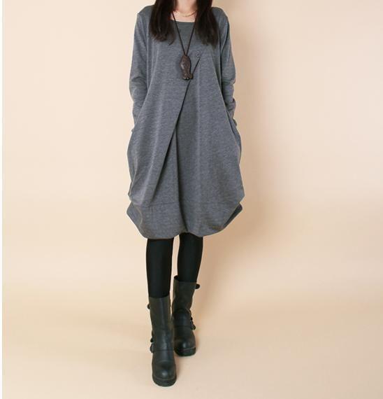 Long-Sleeve Crew Neck Plain Ruched Tunic Dress Product Image