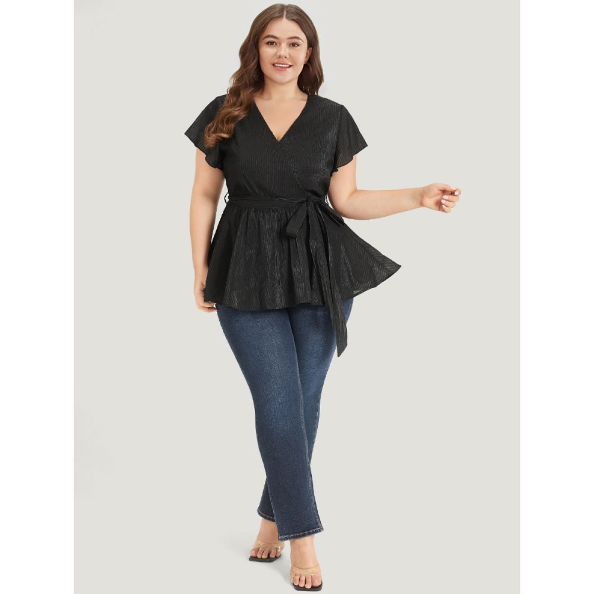 Plus Size Black Plain Plisse Surplice Neck Belted Flutter Blouse Women Elegant Short sleeve V-neck Dailywear Blouses BloomChic 30/6X Product Image