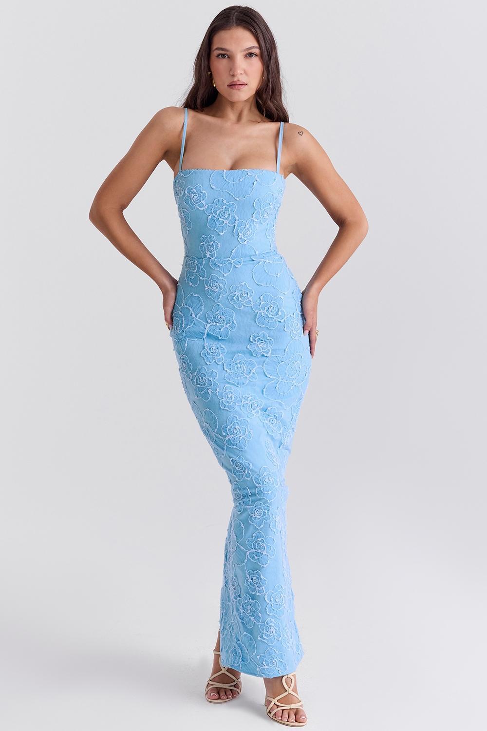 Eva  tuscan blue embroidered floral maxi dress Product Image