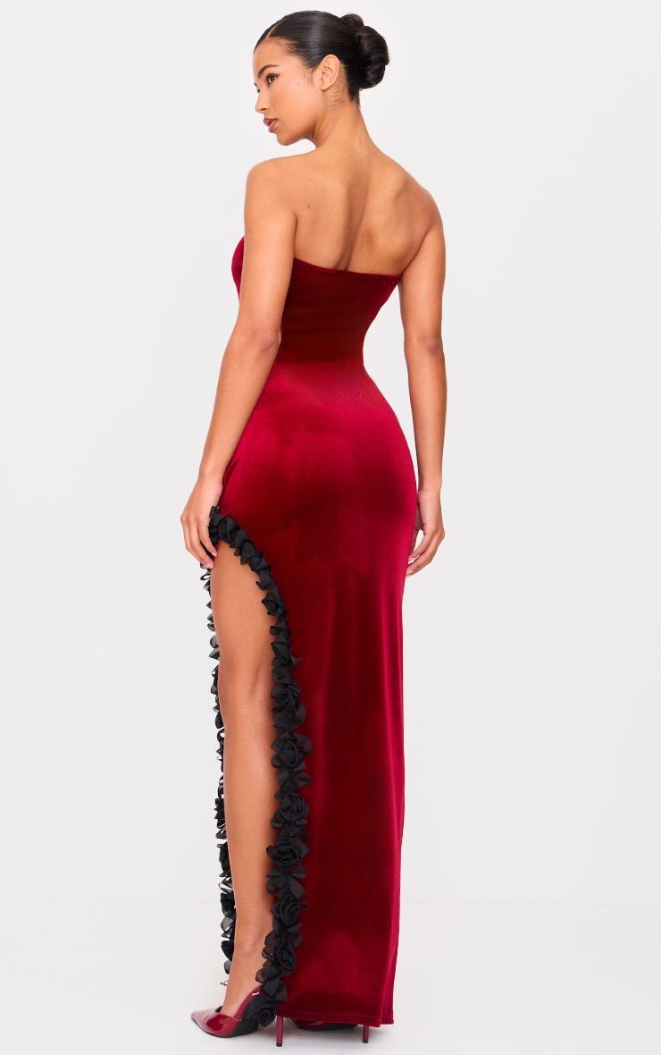 Cherry Red Velvet Bandeau Rose Detail Slit Midaxi Dresss Product Image