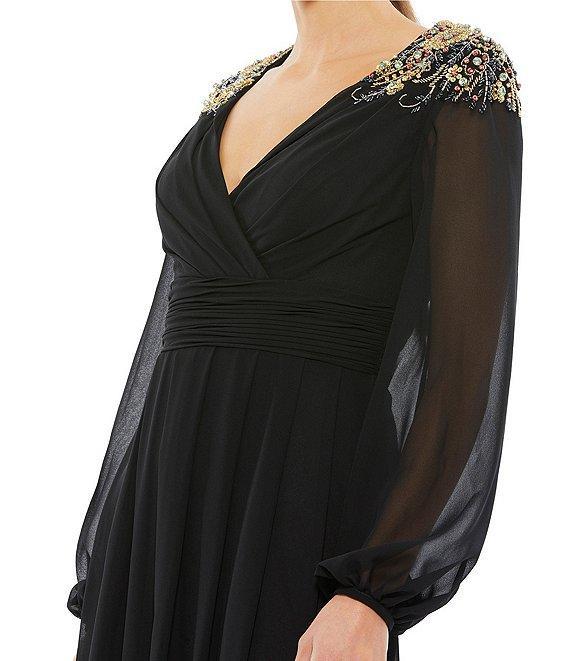 Mac Duggal Long Sleeve Beaded Shoulder Thigh High Slit Surplice V-Neck Chiffon A-Line Gown Product Image