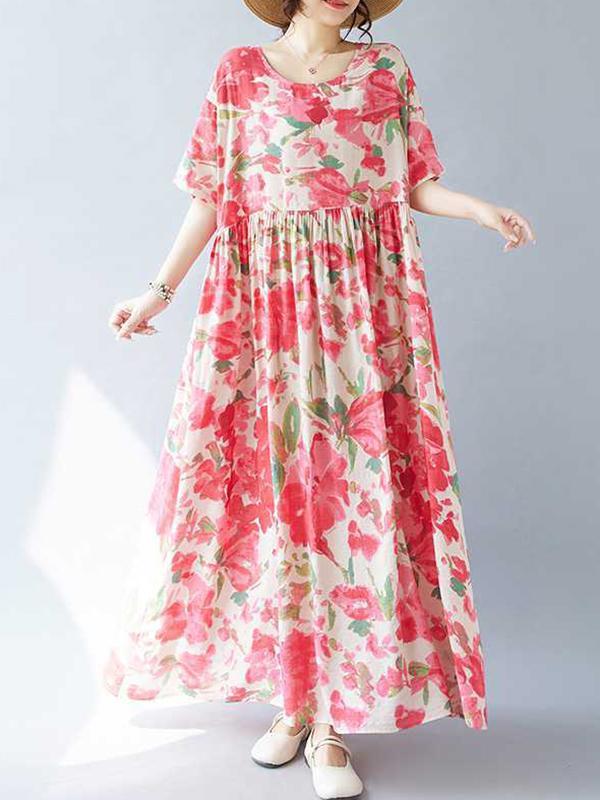 A-line Batwing Sleeves Flower Print Pleated Split-Joint Round-neck Midi Dresses Product Image