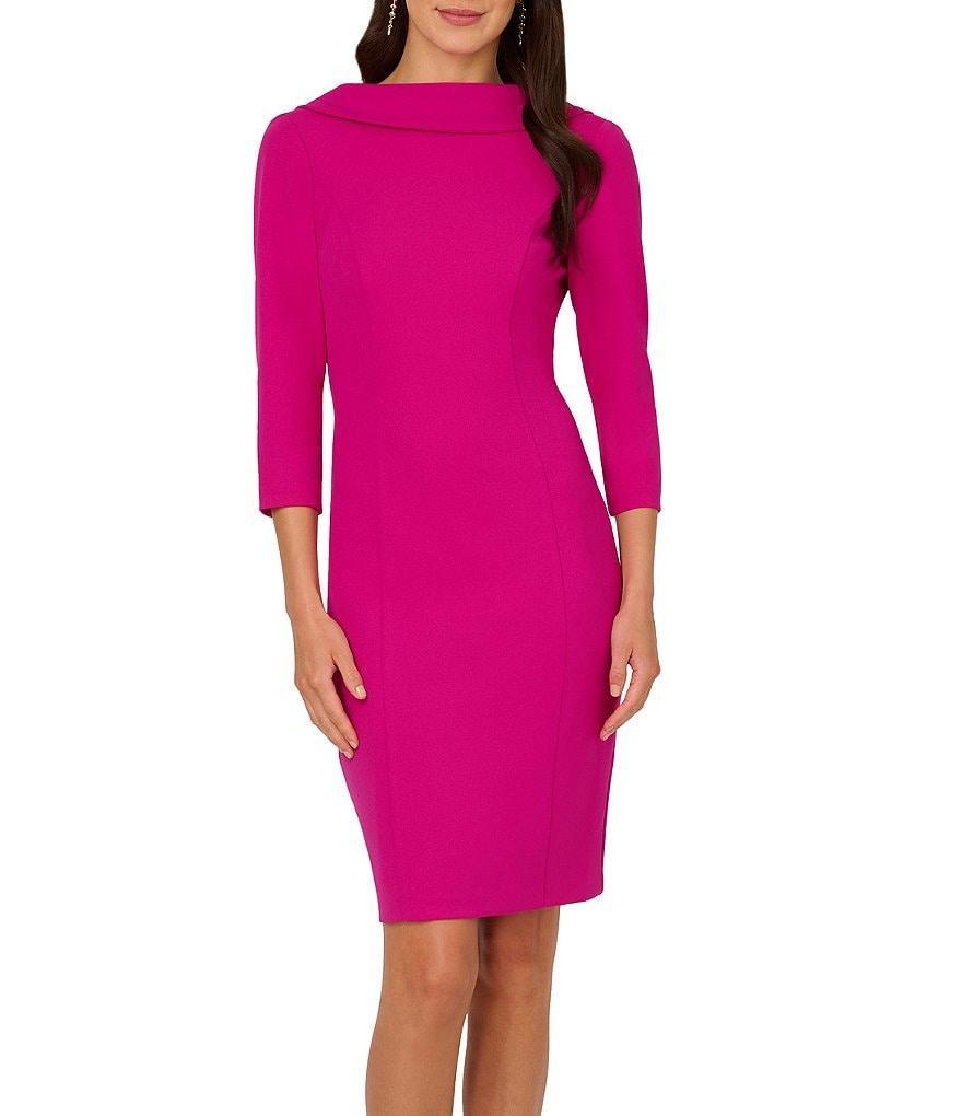 Adrianna Papell Crepe Drape Boat Neck 3/4 Sleeve Open V-Back Bow Dress Product Image