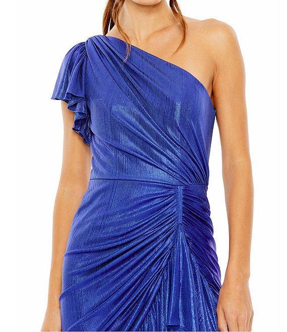 Mac Duggal Metallic One Shoulder Cap Sleeve Ruched Asymmetrical Hem Dress Product Image