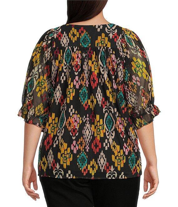 Calessa Plus Size Mesh Knit Abstract Ikat Print Square Neck Elbow Sleeve Tunic Product Image
