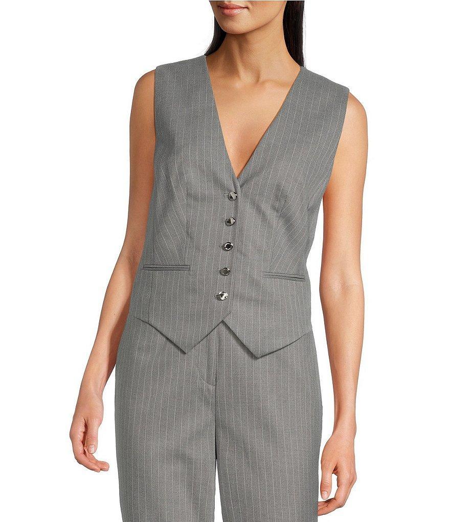Calvin Klein Pinstripe V-Neck Notched Hem Button-Down Vest Product Image