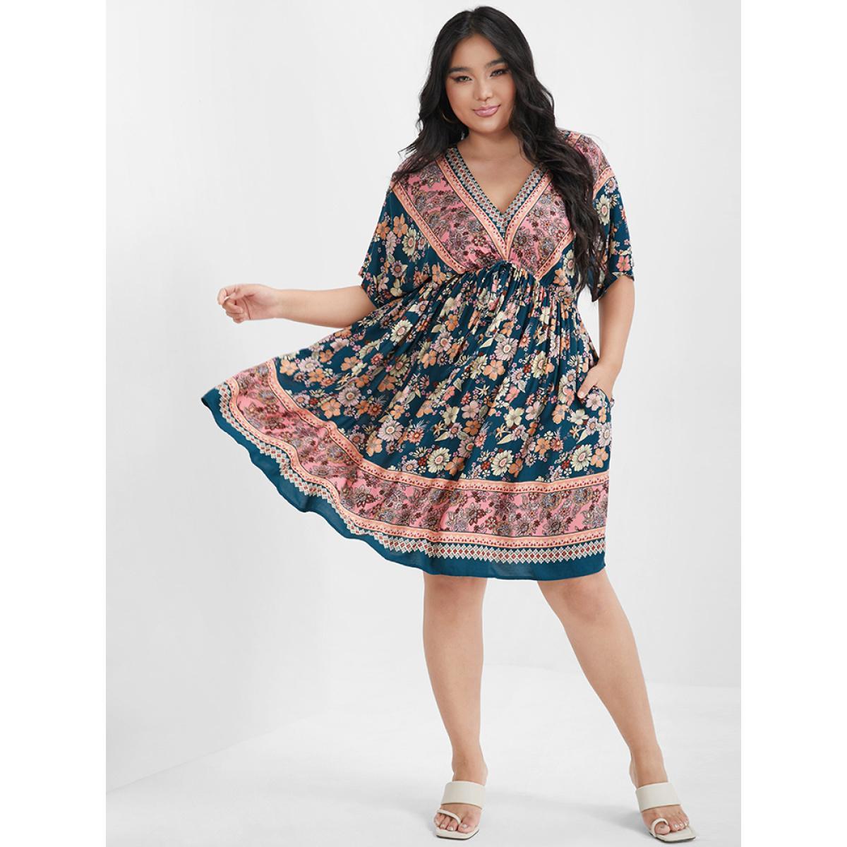 Plus Size Floral V Neck Elastic Waist Pocket Ruffles Knee Dress Indigo Women Vacation Printed V-neck Short sleeve Curvy Knee Dress BloomChic 14-16/1X Product Image
