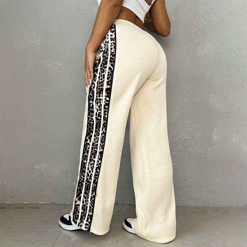 Elastic Waist Leopard Print Striped Panel Wide Leg Sweatpants Product Image