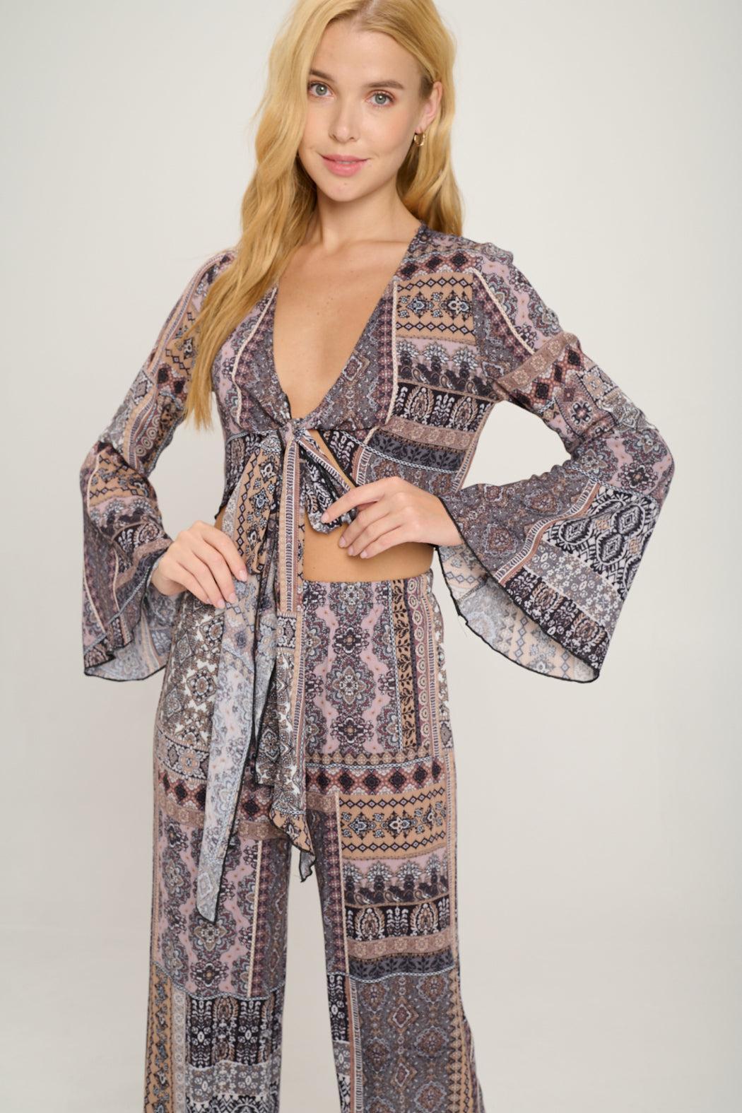 Tie Front Bell Sleeve Crop Cardigan Palazzon Pant Product Image