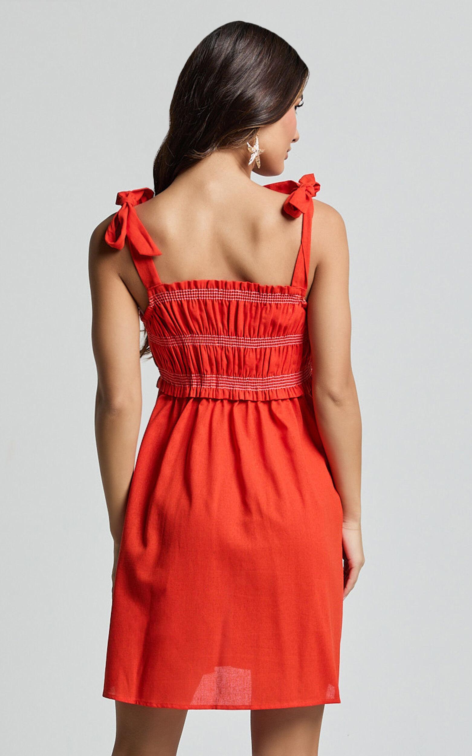 Cloe Mini Dress - Linen Tie Shoulder Shirred Dress in Red Product Image