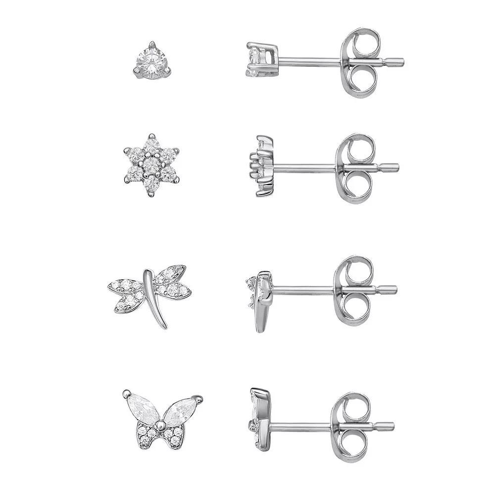PRIMROSE 4-pair Sterling Silver Cubic Zirconia Flower, Dragonfly, & Butterfly Stud Earring Set, Women's Product Image
