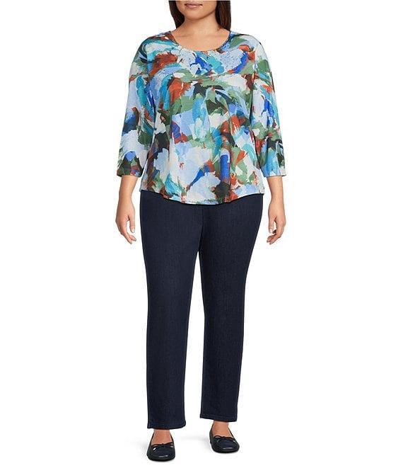 Allison Daley Plus Blue Artistry Painting Print Embellished 3/4 Ruched Sleeve Crew Neck Knit Top Product Image
