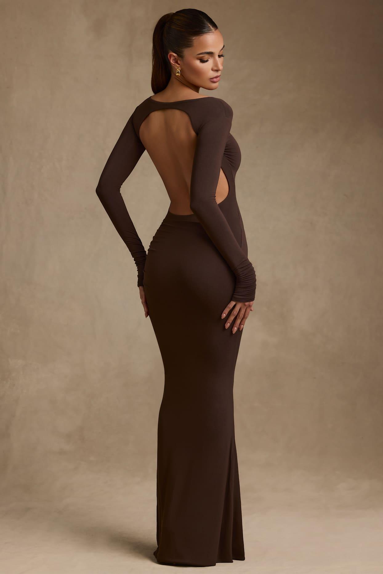 Modal Ruched Backless Maxi Dress in Chocolate Brown Product Image
