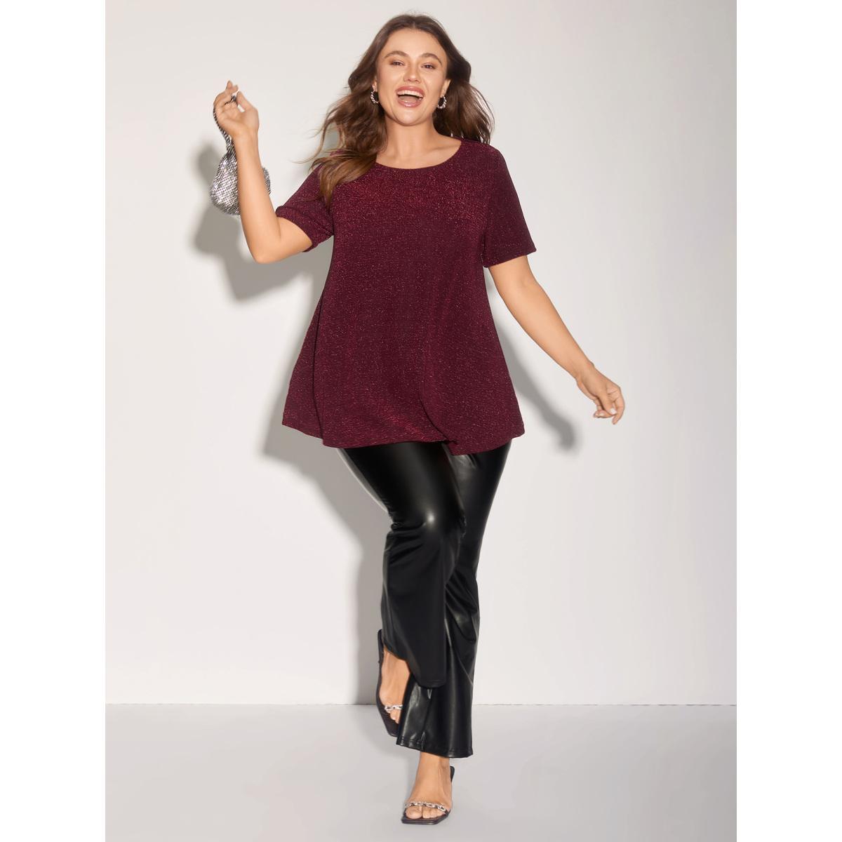 Plus Size Shimmering Gold & Silver Thread A-Line Tee Burgundy Women Leisure Non Round Neck Loose Casual T-shirts BloomChic 30/6X Product Image