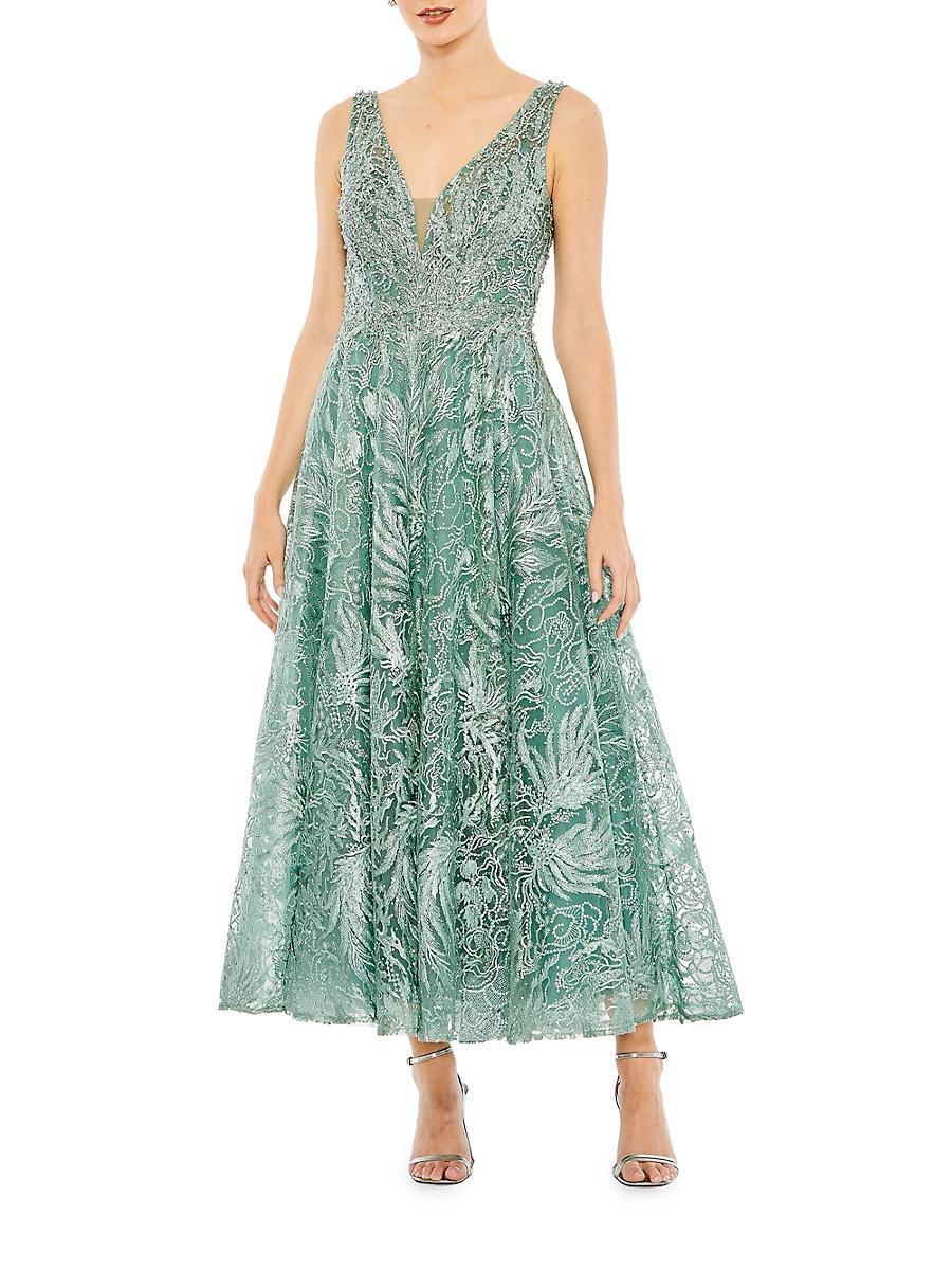 Womens Floral Embellished V-Neck Gown Product Image