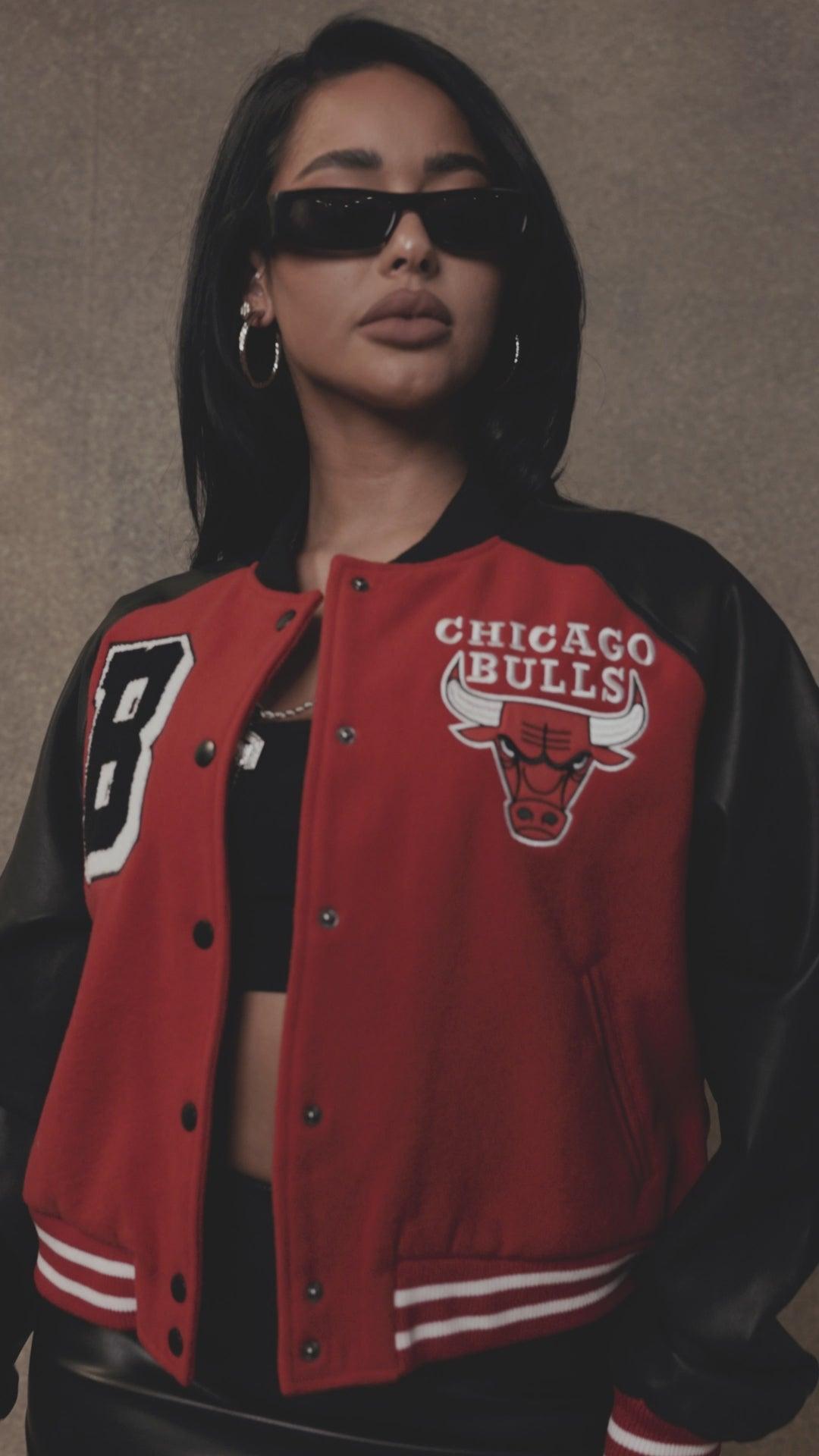 Bulls Cropped Letterman Jacket - Red/Black Female Product Image