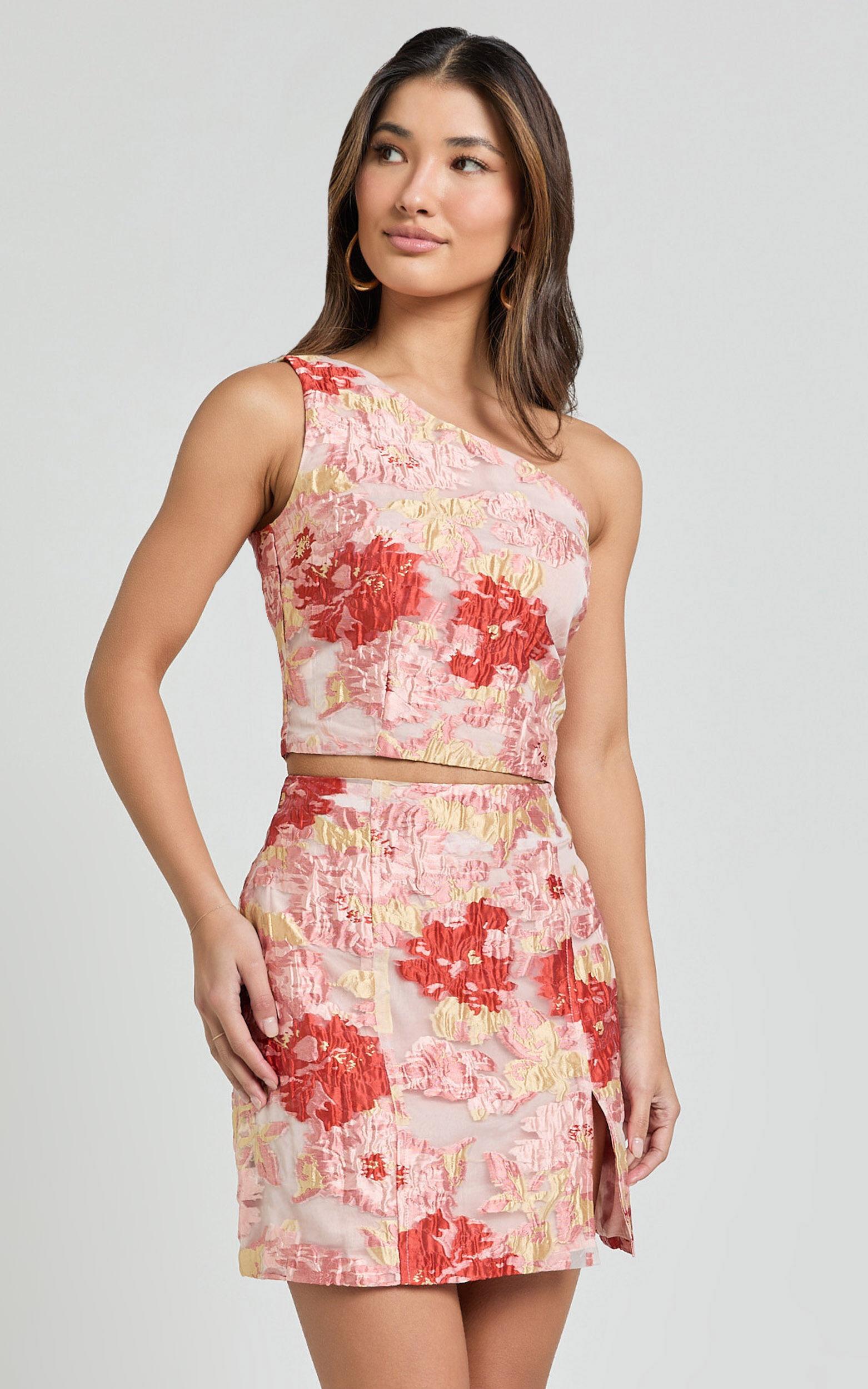 Anita Two Piece Set - One Shoulder Crop Top and Split Mini Skirt Jacquard Set in Rust Product Image