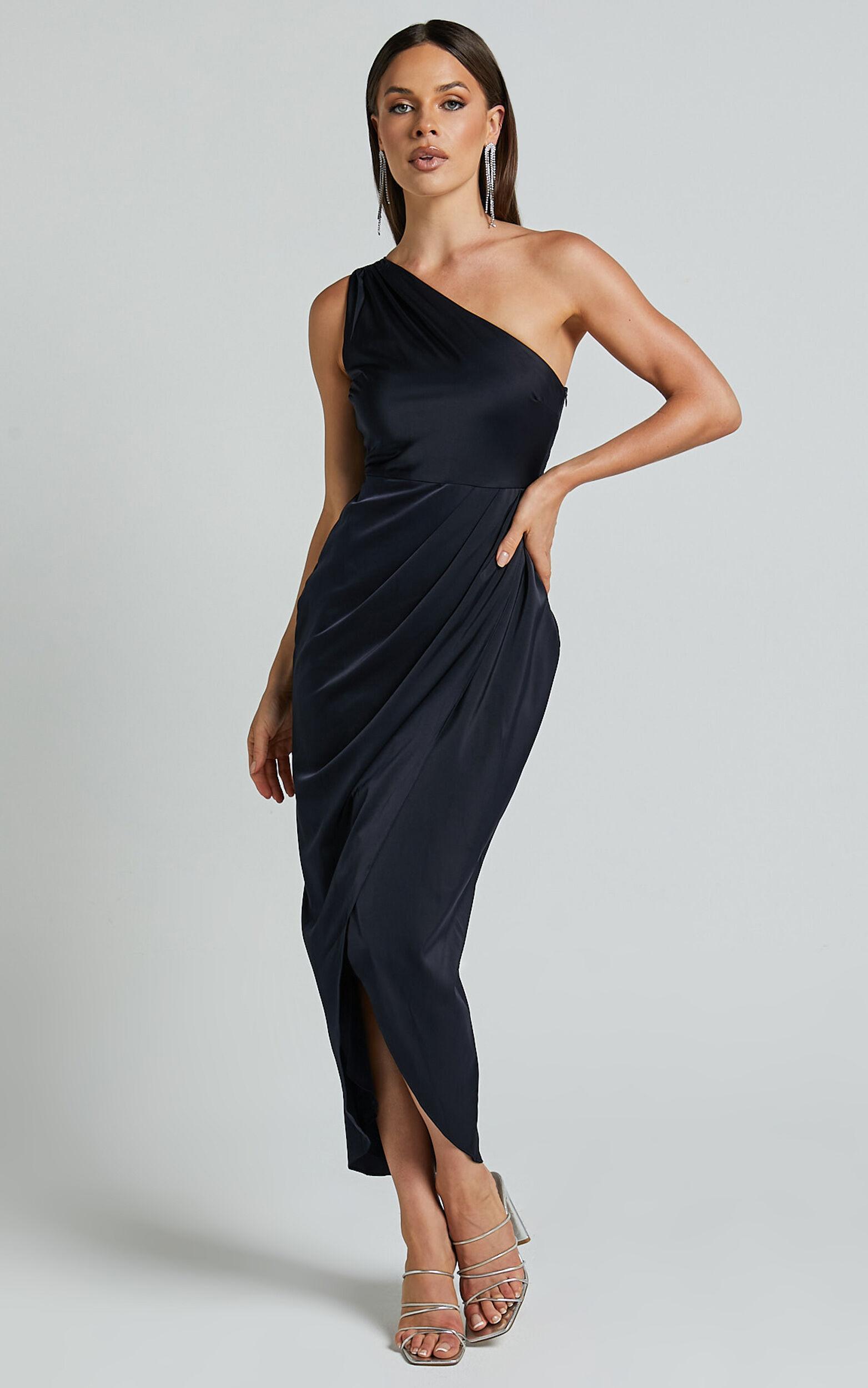 Felt So Happy Midi Dress - One Shoulder Drape Dress in Navy Product Image