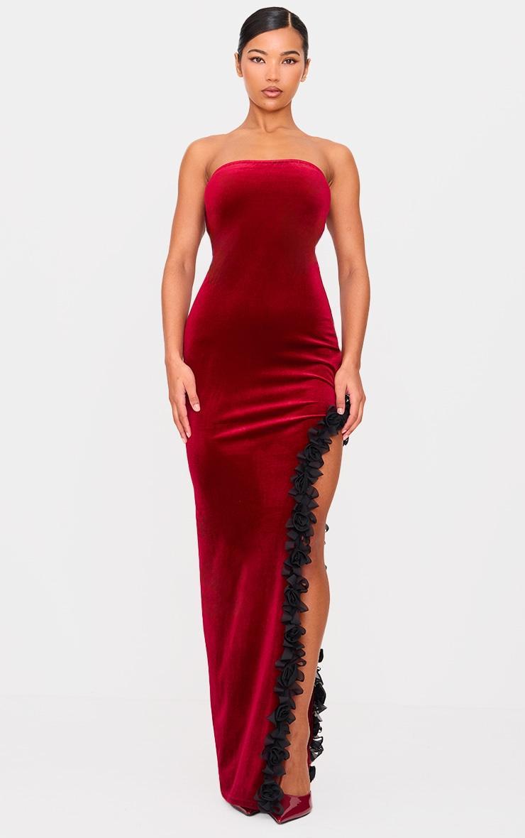 Cherry Red Velvet Bandeau Rose Detail Slit Midaxi Dresss Product Image